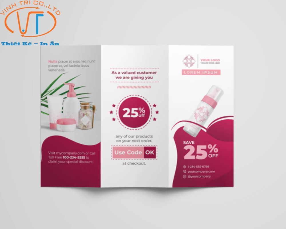 Mẫu brochure kem dưỡng da sở hữu thiết kế tối giản với gam màu hồng trắng