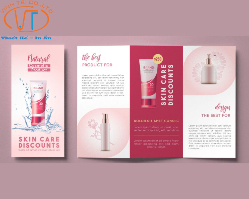 Mẫu brochure kem dưỡng da với tông màu hồng pastel ấn tượng