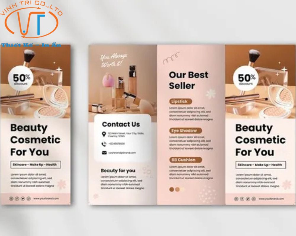 Mẫu brochure giới thiệu các sản phẩm trang điểm với tông màu hồng vàng sang trọng