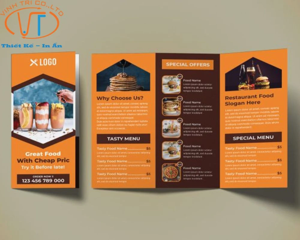 Mẫu brochure gấp ba giới thiệu các món nước uống với tông màu cam đất độc đáo