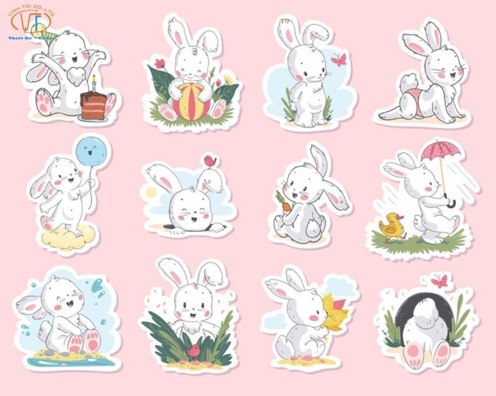 Sticker thỏ với nhiều hoạt động khác nhau