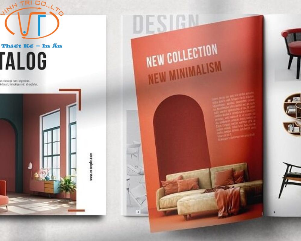 Mẫu catalogue thiết kế nội thất với tông màu nóng, hình ảnh sản phẩm rõ ràng, sắc nét