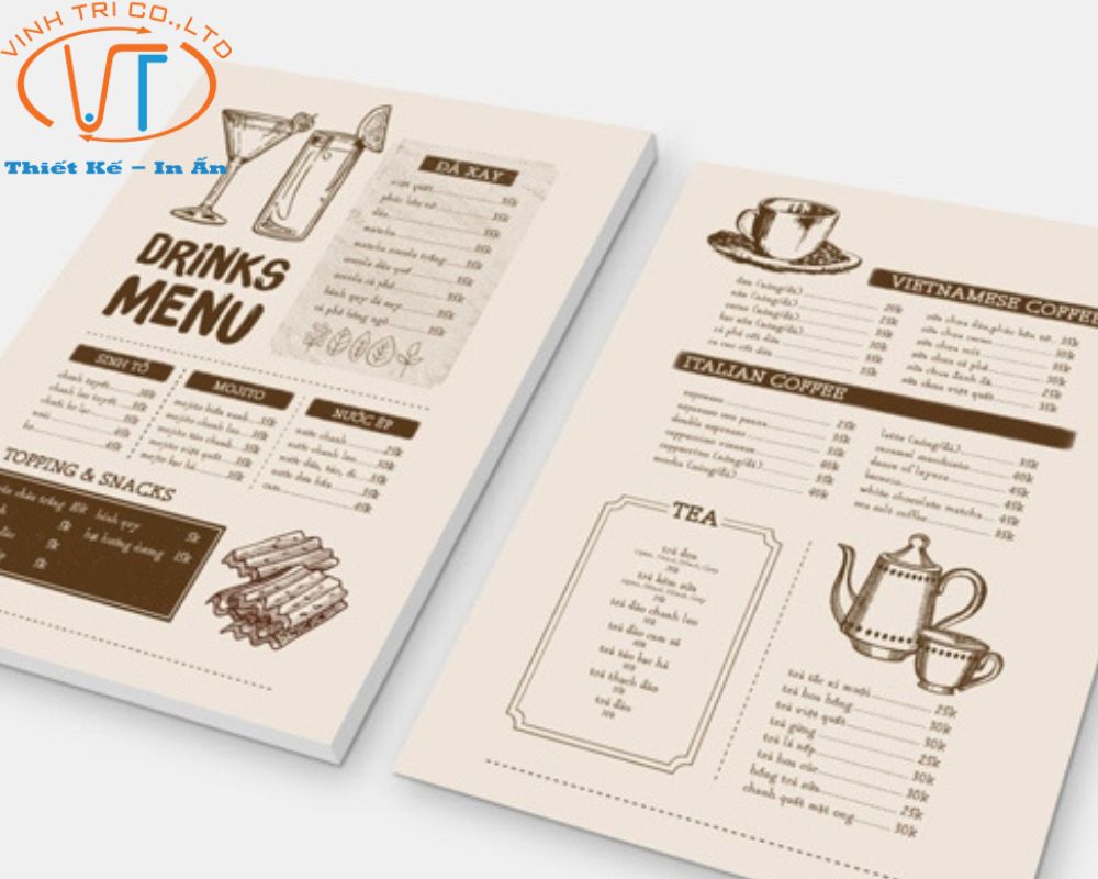 Mẫu menu giấy với màu trắng ngà, các họa tiết màu nâu đậm cực kỳ ấn tượng