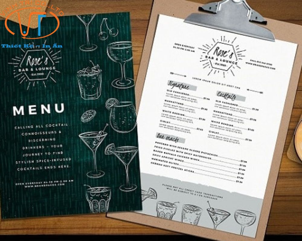 Mẫu menu giấy có thiết kế đơn giản nhưng nổi bật với các họa tiết bắt mắt