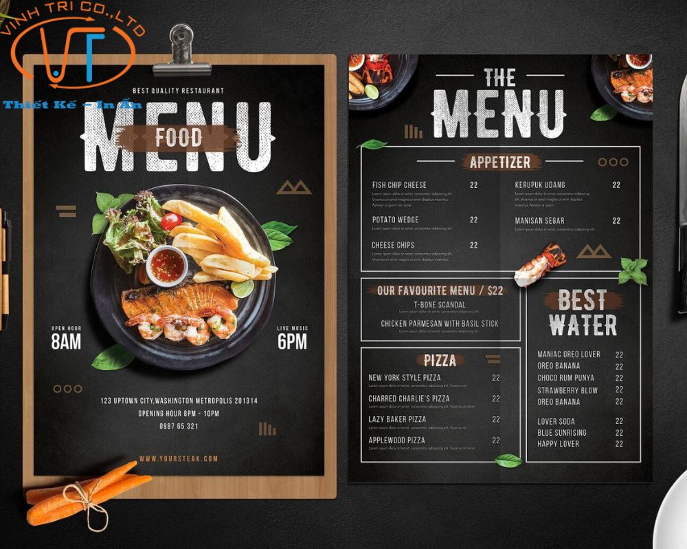 Mẫu menu giấy màu đen tối giản, vừa có hình ảnh vừa có thông tin các món ăn rõ ràng