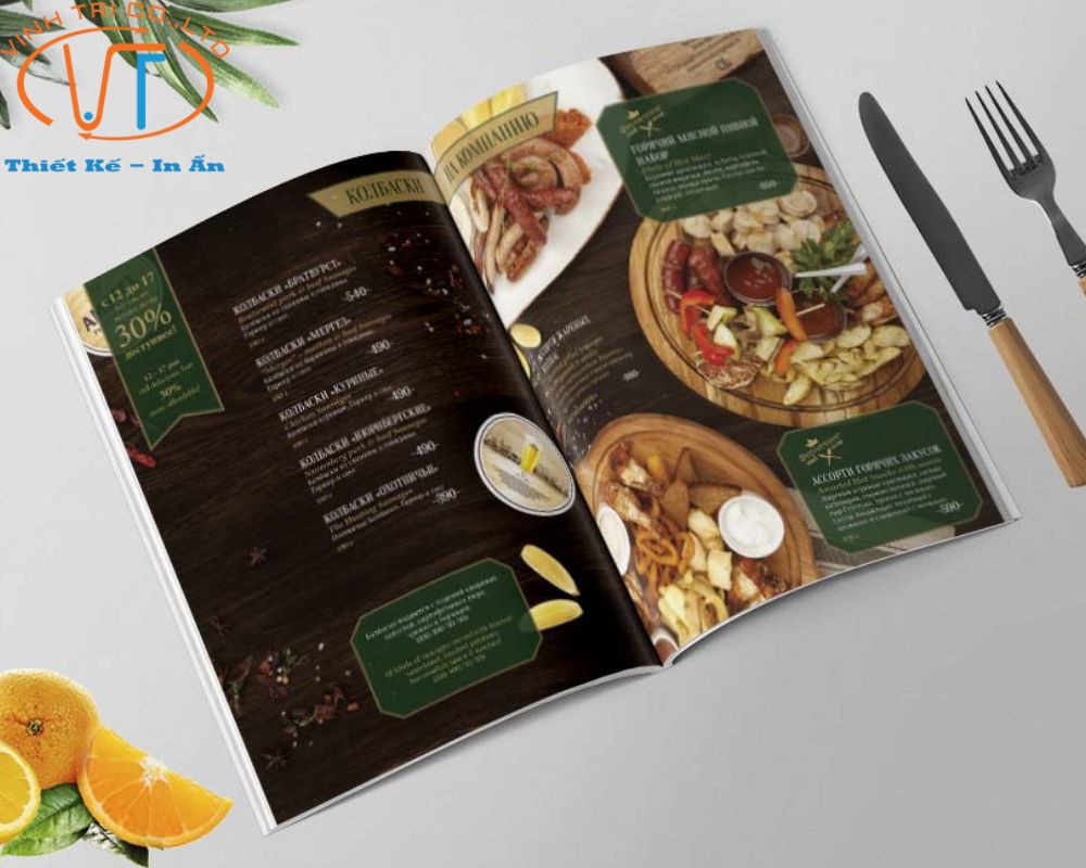 Mẫu menu giấy được làm theo dạng sách, hình ảnh sắc nét, thông tin món ăn chi tiết
