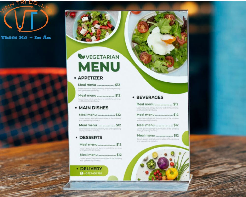 Mẫu menu để bàn nhỏ gọn với màu xanh trắng, phù hợp với phong cách của quán ăn