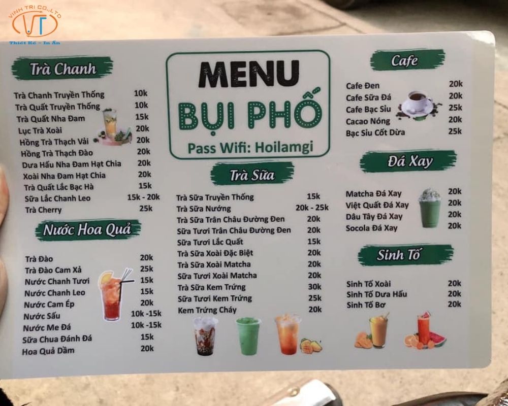 Menu quán nước Bụi Phố