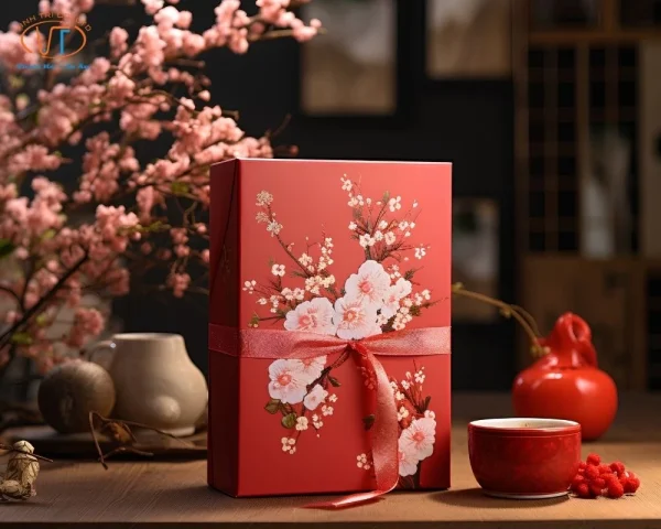 Hộp quà tết in hoa đào