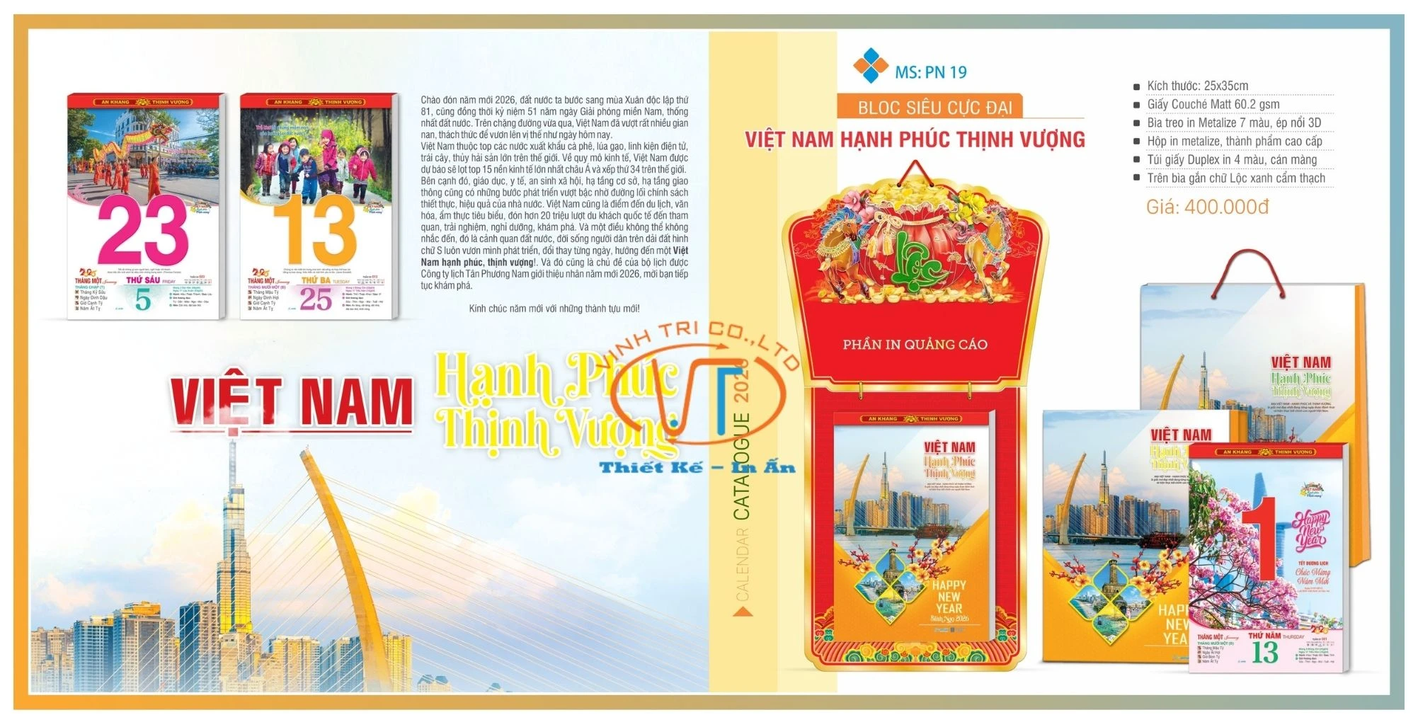 Lịch bloc 25x35 chủ đề Việt Nam hạnh phúc thịnh vượng