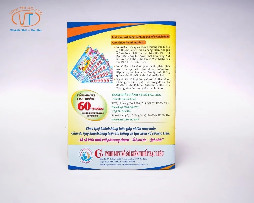Mặt sau cuốn catalogue của cty TNHH MTV xổ số kiến thiết Bạc Liêu