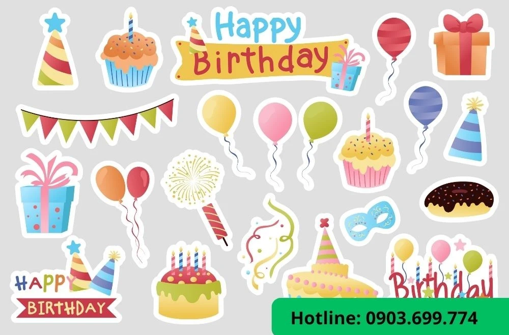 Sticker happy birthday với các tạo hình ngày lễ