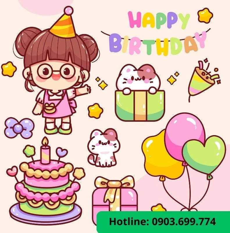 Sticker happy birthday cho bé gái