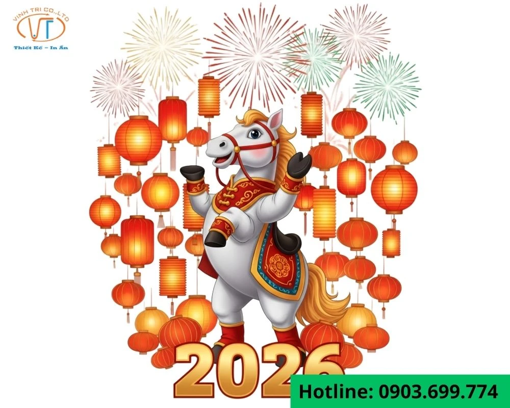 Sticker con ngựa đang vươn mình với đèn lồng xung quanh