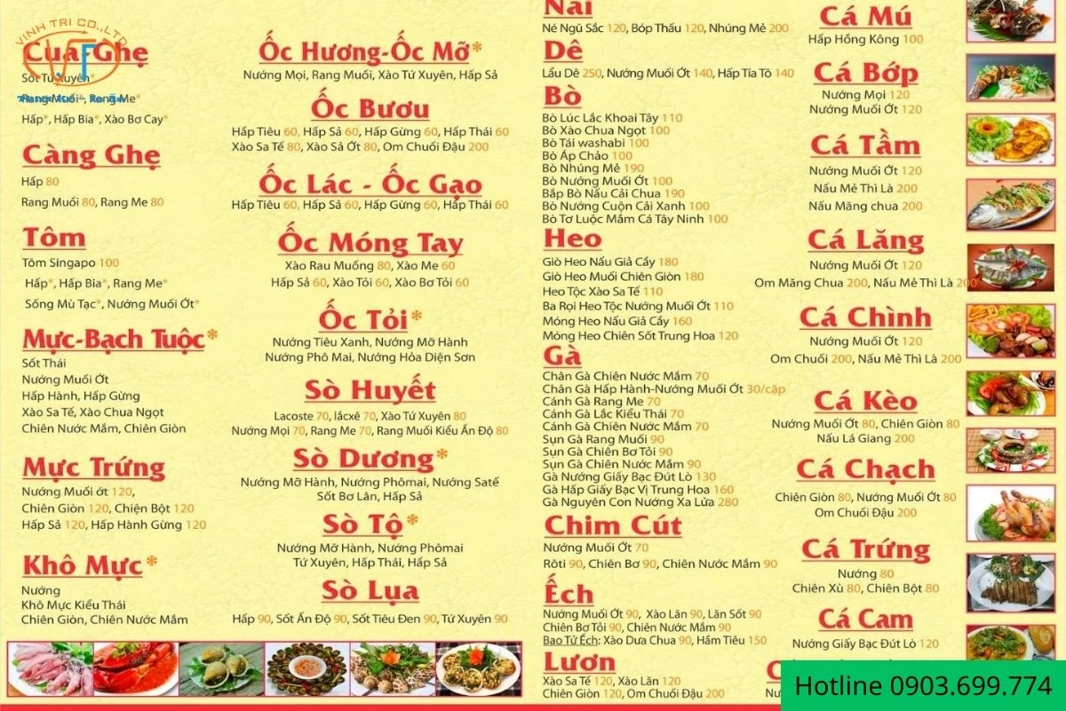 Mẫu menu quán ốc có nền màu vàng nhạt