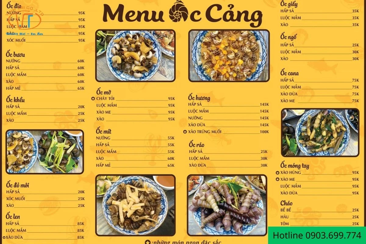 Mẫu menu quán ốc cảng