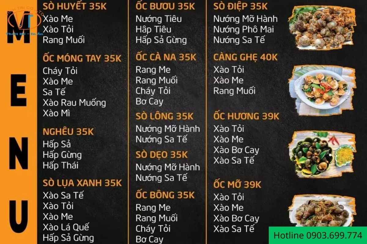 Mẫu menu quán ốc đủ món