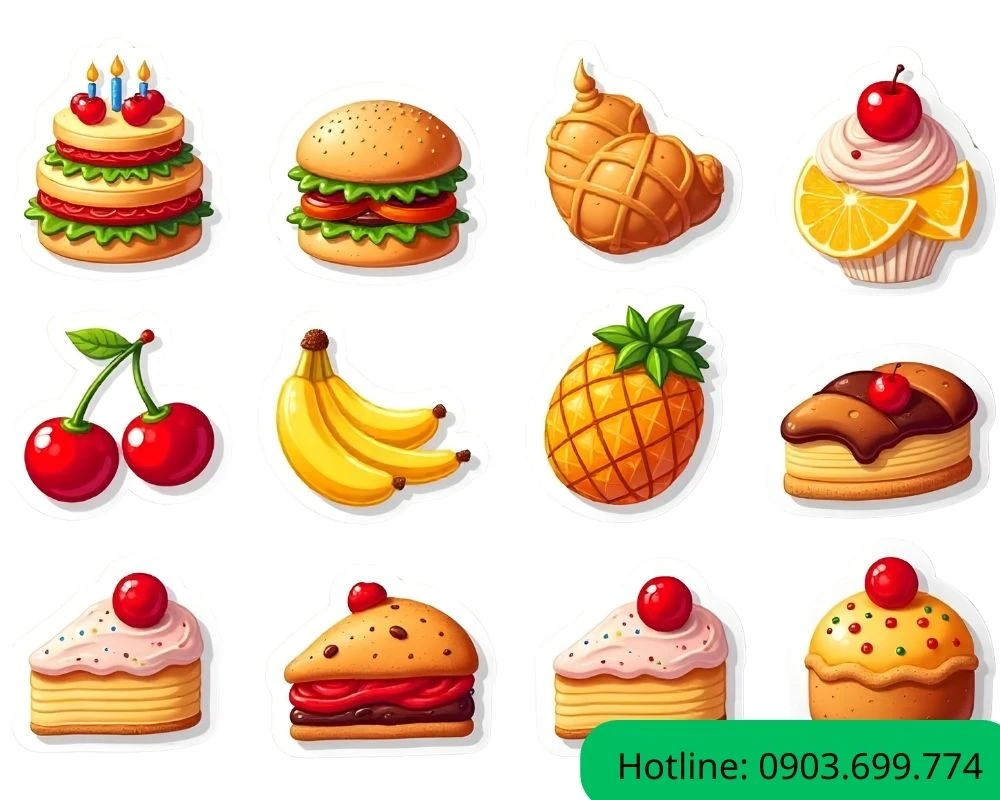Mẫu sticker đồ ăn đa dạng kích thước