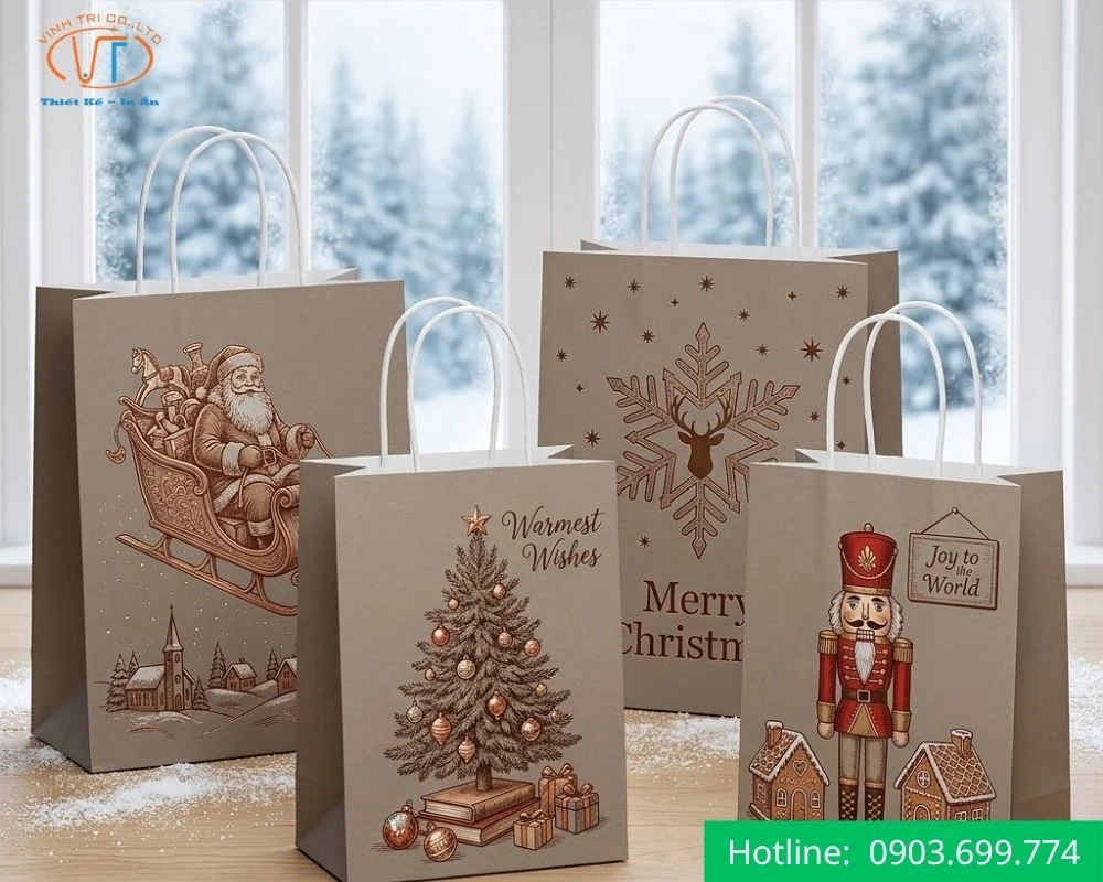 Túi giấy Noel màu nâu sẫm với các họa tiết Noel nổi bật