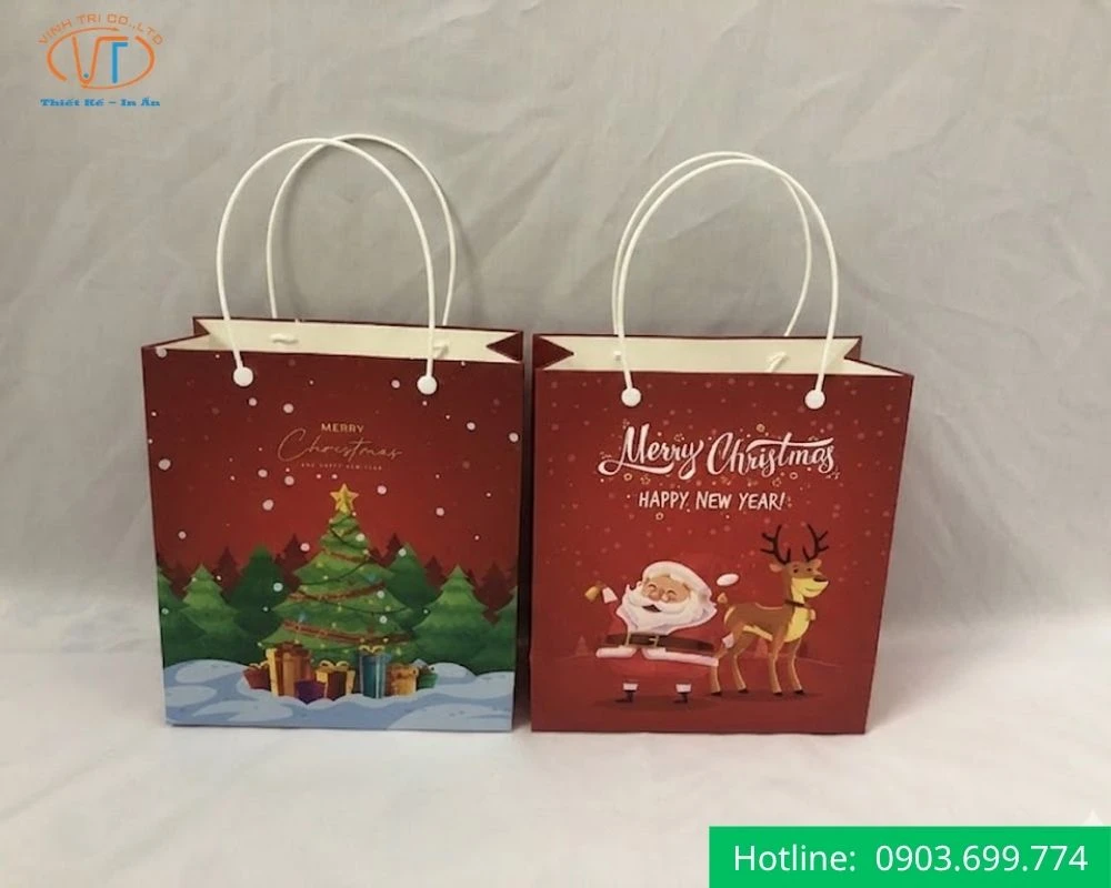 Túi giấy Noel dây xoắn trắng màu đỏ