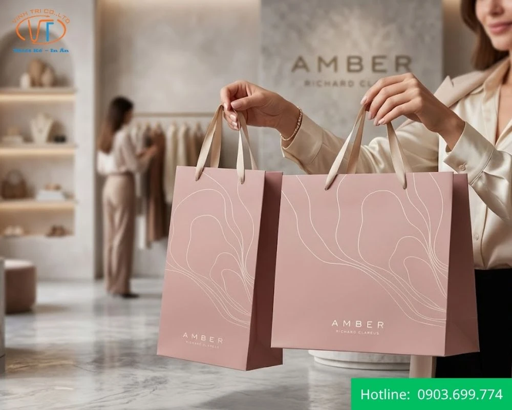 Túi giấy quai lụa màu hồng thương hiệu Amber