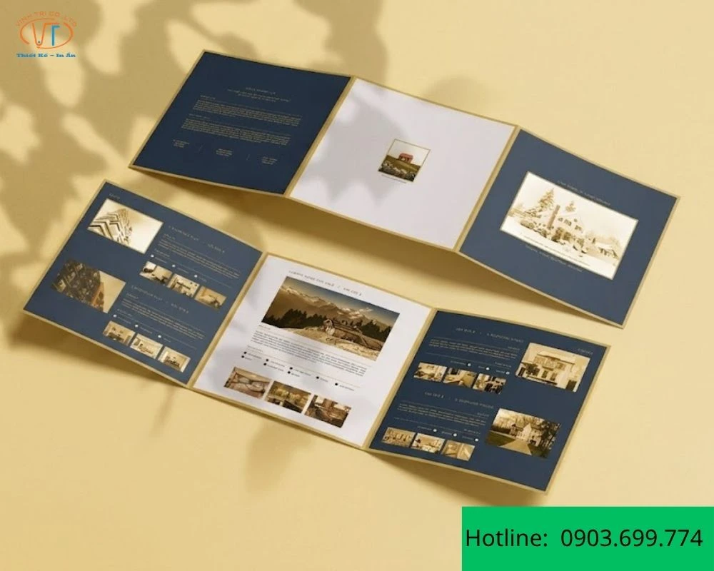Brochure gấp 3 bất động sản có màu xanh dương nổi bật