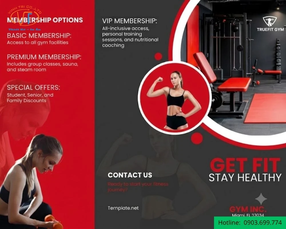 Brochure gym với tông màu đỏ nổi bật