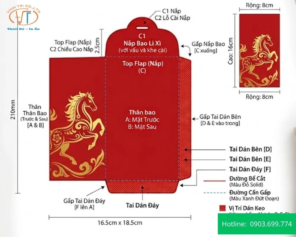 Mẫu bao lì xì với kích thước 8x16x2,5cm