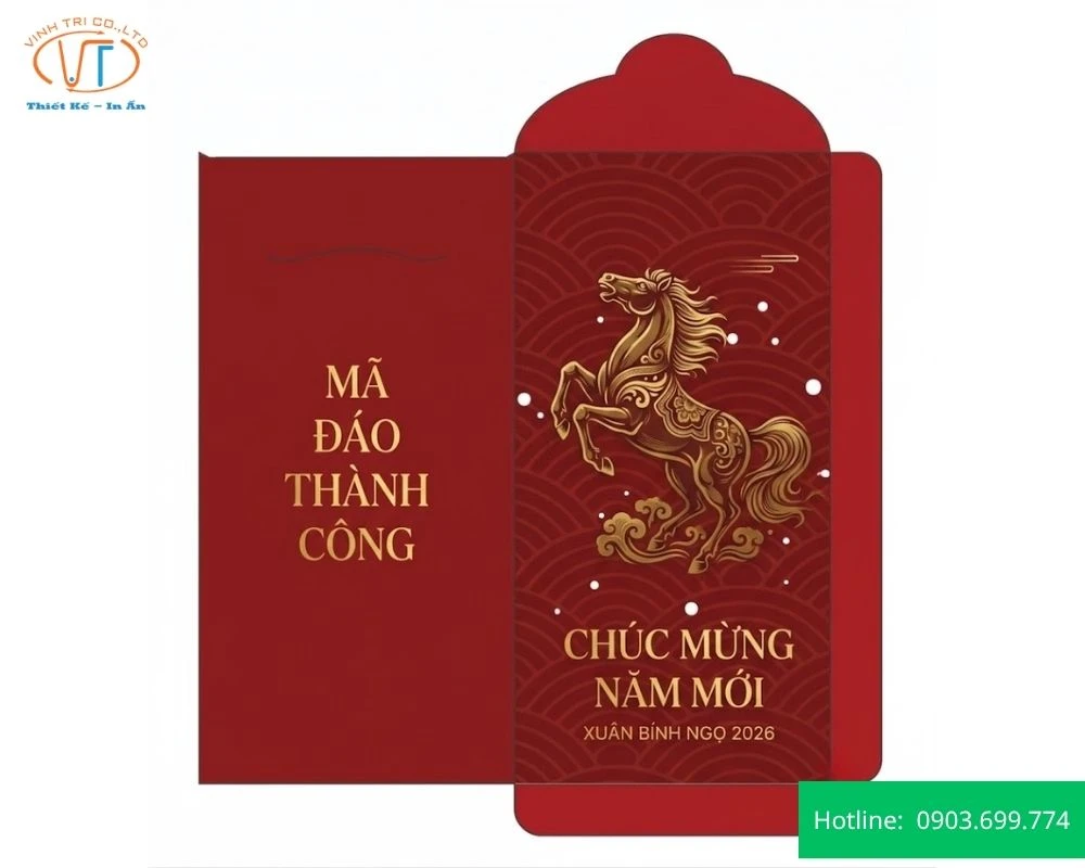 Mẫu bao lì xì chúc mừng năm mới 2026 có dòng chữ Mã đáo thành công