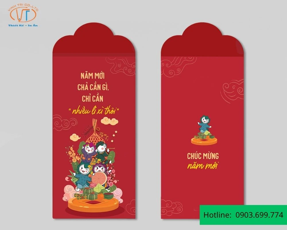 Mẫu bao lì xì đỏ với hình ảnh mọi người đang tụ tập ăn uống vui chơi