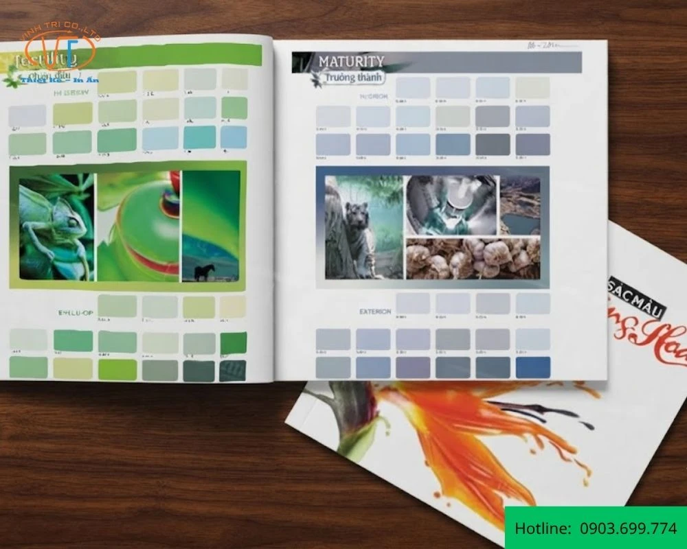 Catalogue sơn có hai màu xanh và màu xám