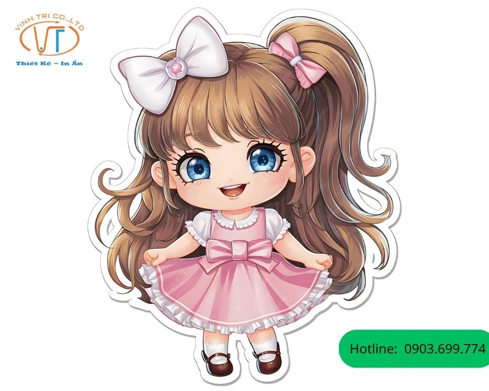 Sticker búp bê có nơ cài lệch trên đầu