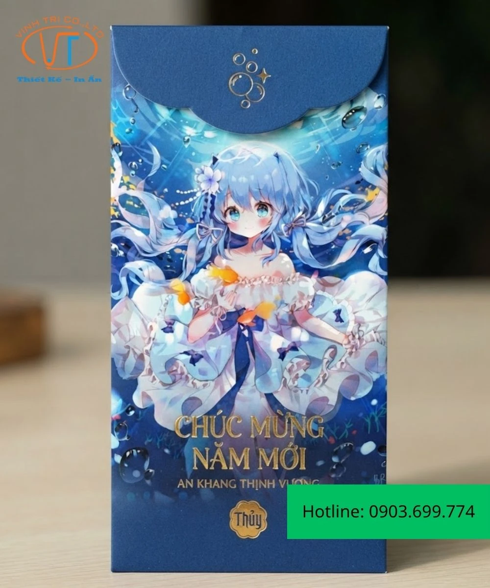 Bao lì xì anime mái tóc xanh dương mặc chiếc váy bồng bềnh