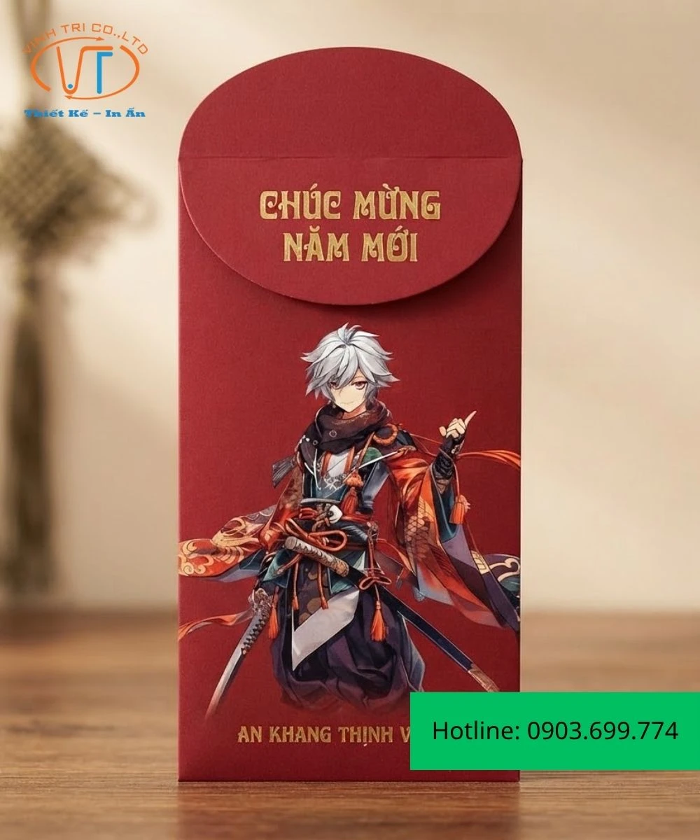 Bao lì xì anime với chàng trai tóc trắng cầm kiếm