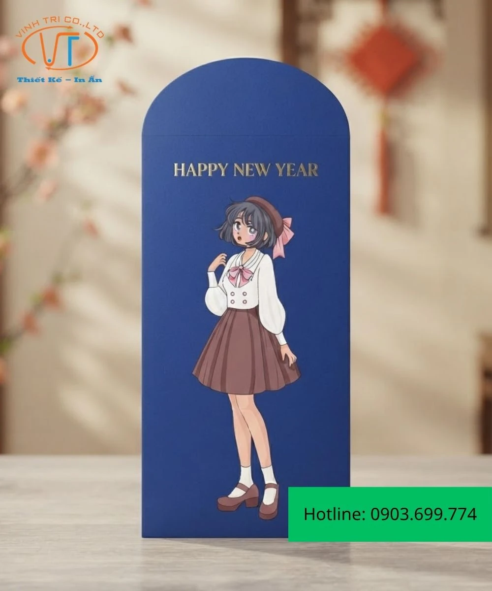 Bao lì xì anime với cô gái đội mũ nâu