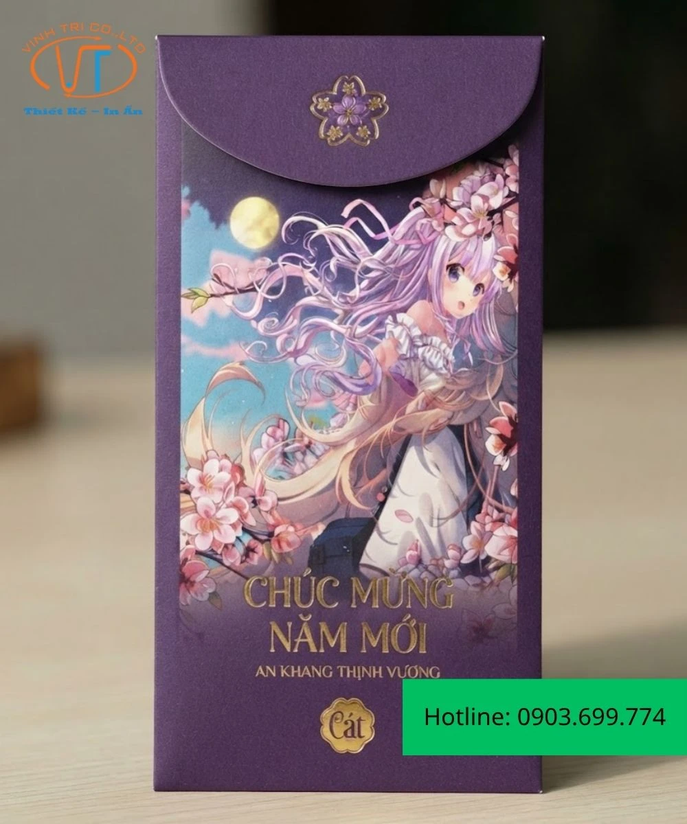 Bao lì xì anime với cô gái giữa rừng hoa đào