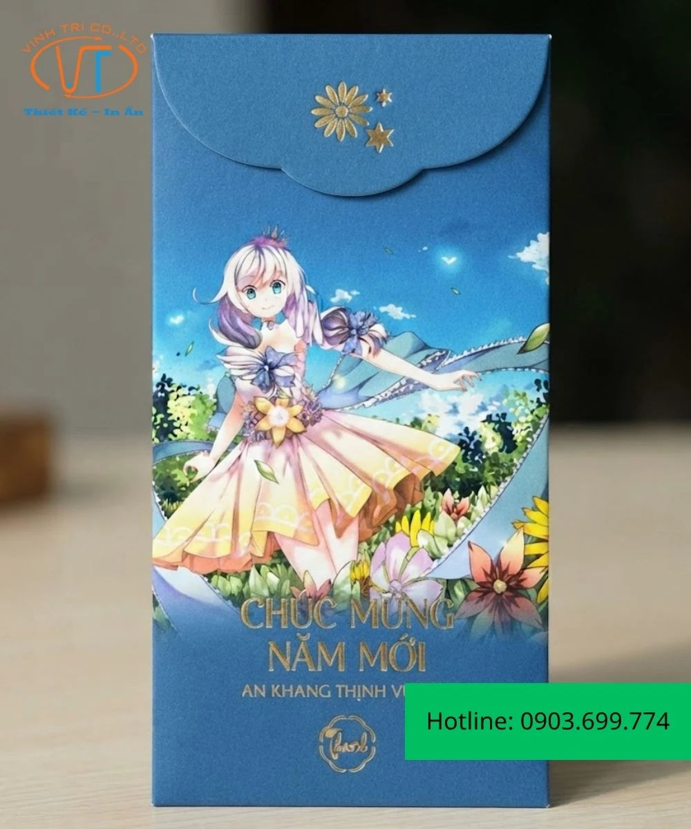 Bao lì xì anime với mái tóc tím vui đùa giữa biển hoa