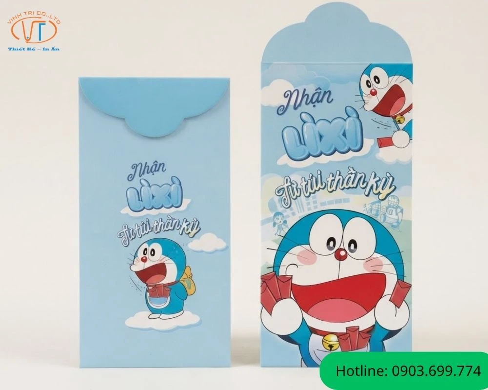 Mẫu bao lì xì Doraemon với lì xì lấy từ chiếc túi thần kỳ