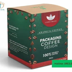 Mẫu hộp màu xanh nổi bật với các hạt cafe bao quanh hộp