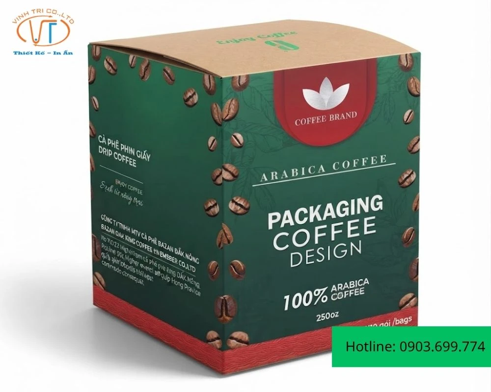 Mẫu hộp màu xanh nổi bật với các hạt cafe bao quanh hộp