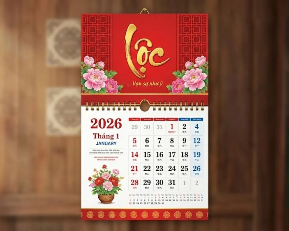 Mẫu lịch treo tường có chữ Lộc 