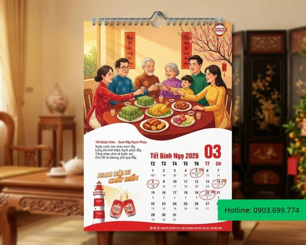 Mẫu lịch treo tường với hình ảnh tết đoàn viên